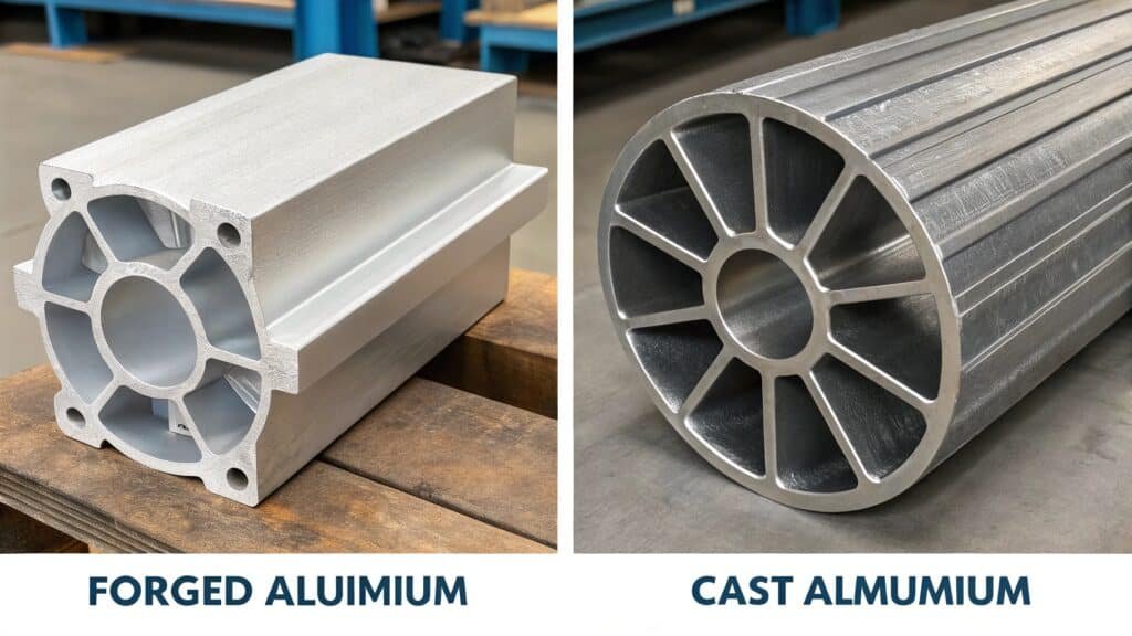 alt with keywords: micrograph comparing the grain structure of cast aluminum vs forged aluminum